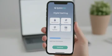 Pessoa abrindo uma conta digital em um smartphone, com interface de aplicativo bancário.