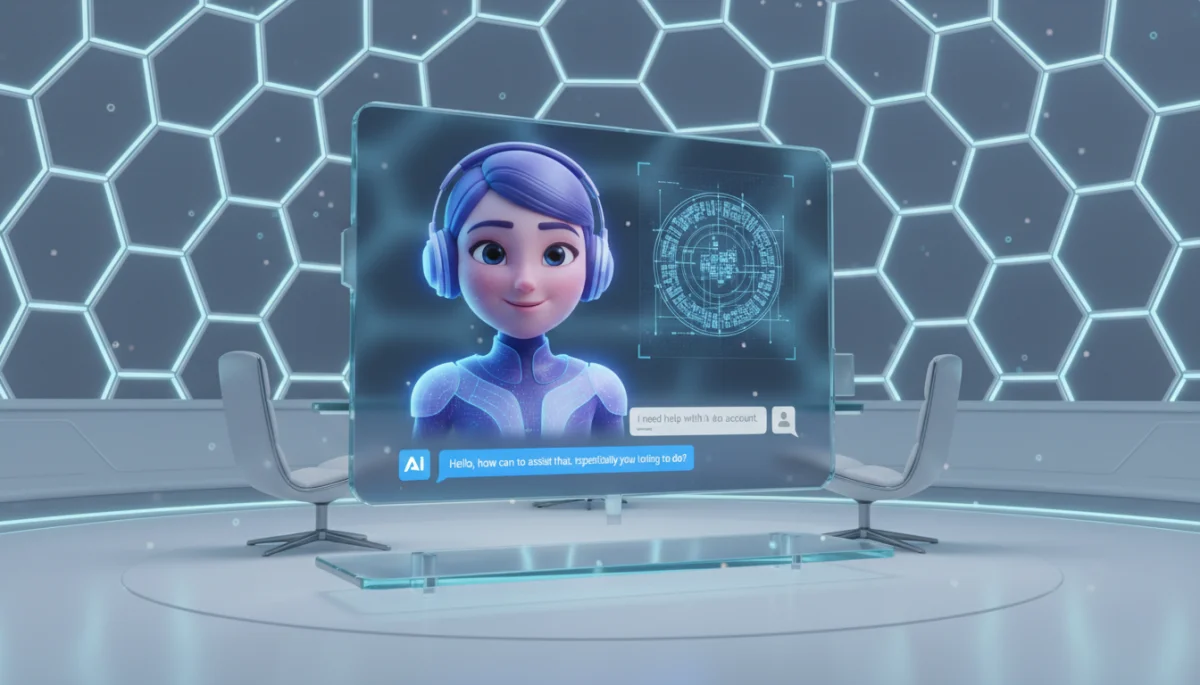 Agente de suporte digital amigável em uma tela de chat, representando atendimento eficiente