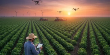 Agronegócio Brasileiro 2026: Tendências e Políticas Agrícolas Panorama de uma fazenda brasileira moderna ao amanhecer, com máquinas de agricultura de precisão e drones, simbolizando o agronegócio de 2026.