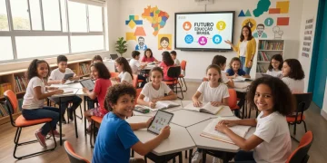 Desafios da Educação Pública em 2026: Plano Nacional e Metas Alunos brasileiros engajados em sala de aula moderna, utilizando tecnologia e livros, simbolizando o futuro da educação pública.