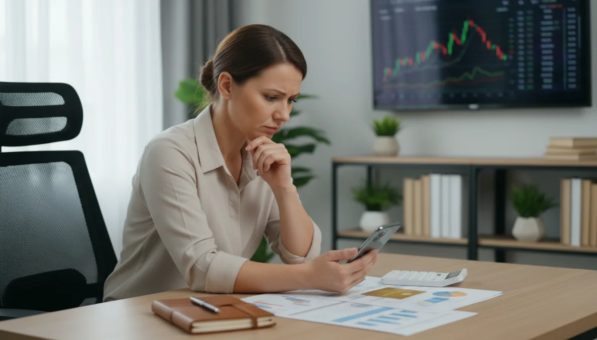 Pessoa analisando gráficos financeiros em smartphone, com um cartão de crédito ao lado, simbolizando planejamento econômico.