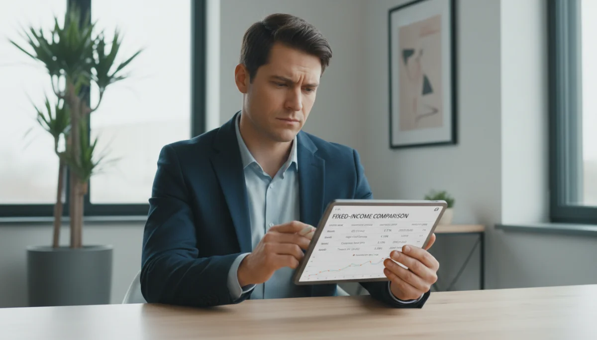 Pessoa analisando dados financeiros em um tablet, comparando opções de investimento em renda fixa de contas digitais.