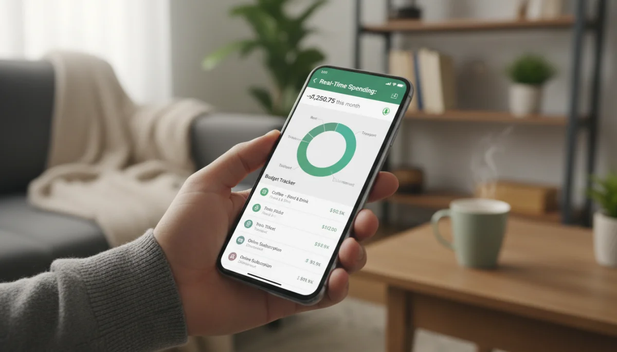 Smartphone exibindo aplicativo de orçamento com categorias de gastos e insights financeiros em tempo real.