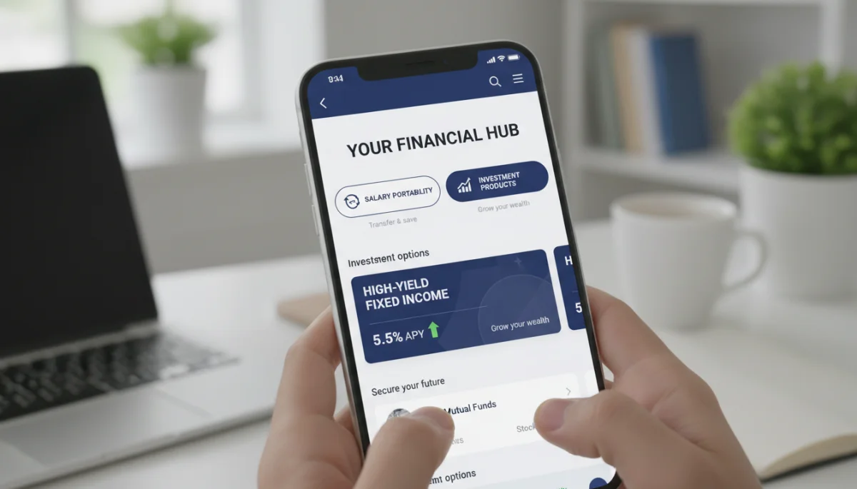 Tela de smartphone exibindo aplicativo de banco digital com opções de portabilidade de salário e investimentos em renda fixa.