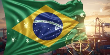 Brasil e Acordos Globais: Implicações para 2026 Bandeira do Brasil com símbolos de comércio global, representando sua atuação em negociações comerciais internacionais.