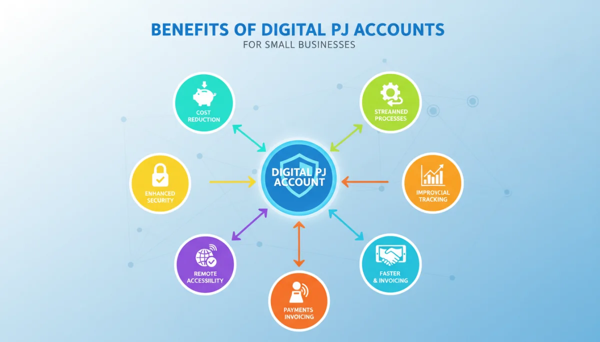 Infográfico detalhando benefícios de contas digitais PJ para otimização de custos e processos em pequenas empresas.