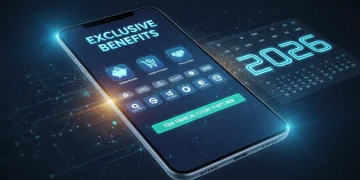 Smartphone com tela exibindo benefícios financeiros, descontos e logos de parcerias, com o ano de 2026 ao fundo, simbolizando a evolução das contas digitais.