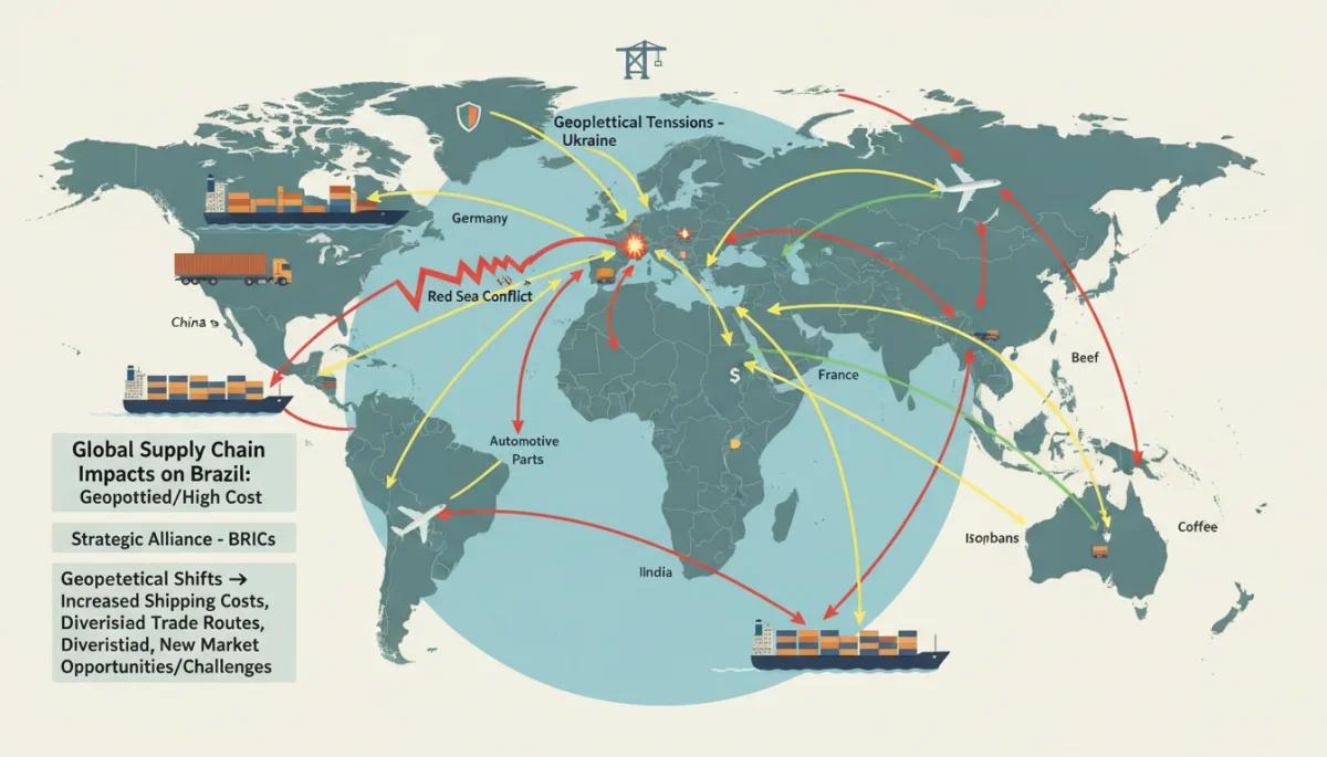 Ilustração de uma cadeia de suprimentos global complexa, com navios e aviões, destacando a conexão entre geopolítica e comércio internacional.