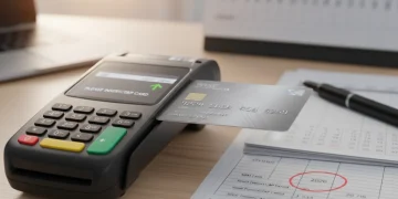 Cartão de Crédito Consignado: Economize 15% em Taxas até 2026 Cartão de crédito consignado sendo inserido em terminal de pagamento, com documentos financeiros e calendário ao fundo.
