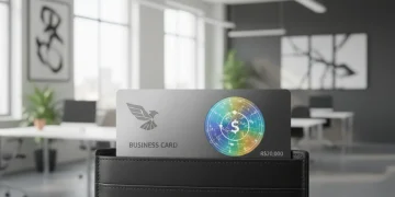 Cartão de crédito empresarial moderno com limite de R$20.000 em ambiente de escritório.