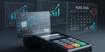 Pagamento Mínimo do Cartão: Juros de 12% em 2026 e Suas Finanças Cartão de crédito sendo usado em um terminal de pagamento, com gráficos financeiros e o ano de 2026 ao fundo, representando o impacto futuro dos juros.