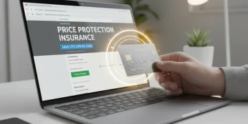 Cartão de crédito em uso com ícone de proteção de preço e economia de até 10%, simbolizando segurança nas compras.