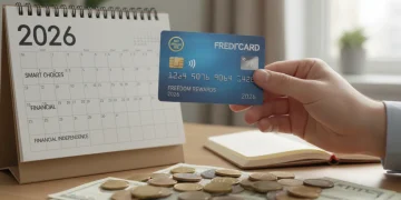 Cartões de Crédito Sem Anuidade em 2026: Opções que Valem a Pena Mão segurando cartão de crédito sem anuidade com moedas e calendário de 2026, simbolizando economia.