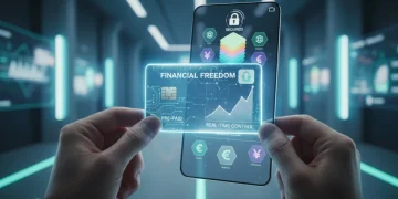 Pessoa utilizando um cartão de crédito pré-pago em 2026 com smartphone, simbolizando controle financeiro e tecnologia.