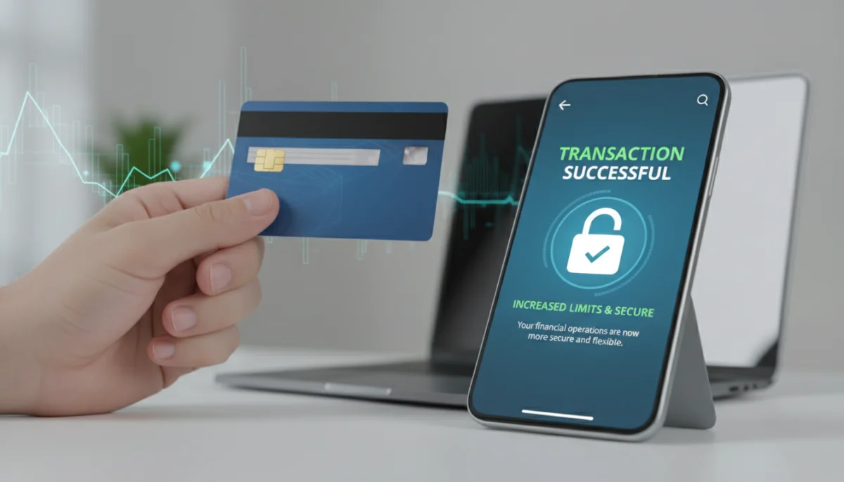 Mão segurando cartão e smartphone com transação aprovada, simbolizando segurança e limites altos.
