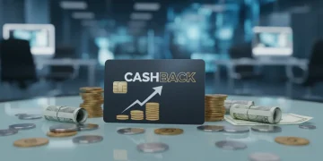 Cartão de crédito com símbolo de cashback e moedas, representando economia e retorno financeiro em 2026.