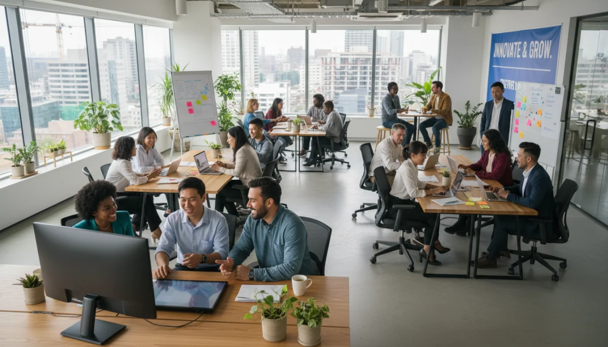 Pessoas diversas trabalhando colaborativamente em um escritório moderno, simbolizando a criação de empregos e a atividade econômica.