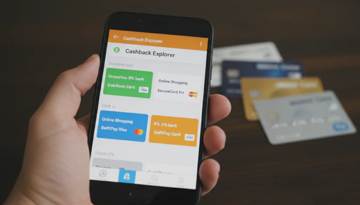 Pessoa comparando ofertas de cashback em aplicativo de celular com vários cartões de crédito na mesa.