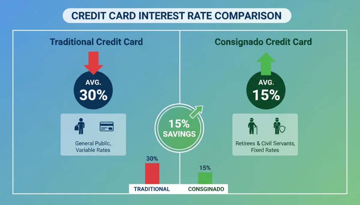 Infográfico comparando taxas de juros de cartão de crédito tradicional e consignado, mostrando economia de 15%.