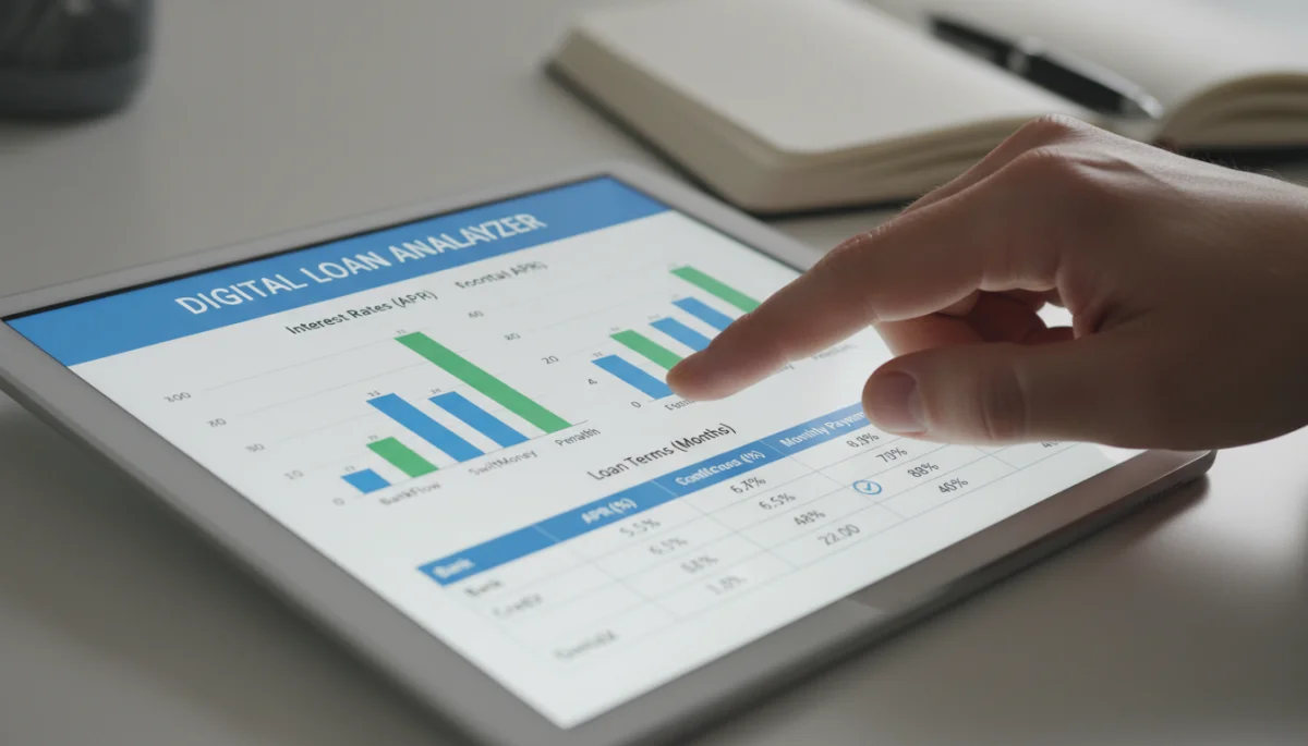 Tela de tablet comparando taxas de juros de diferentes instituições financeiras digitais.