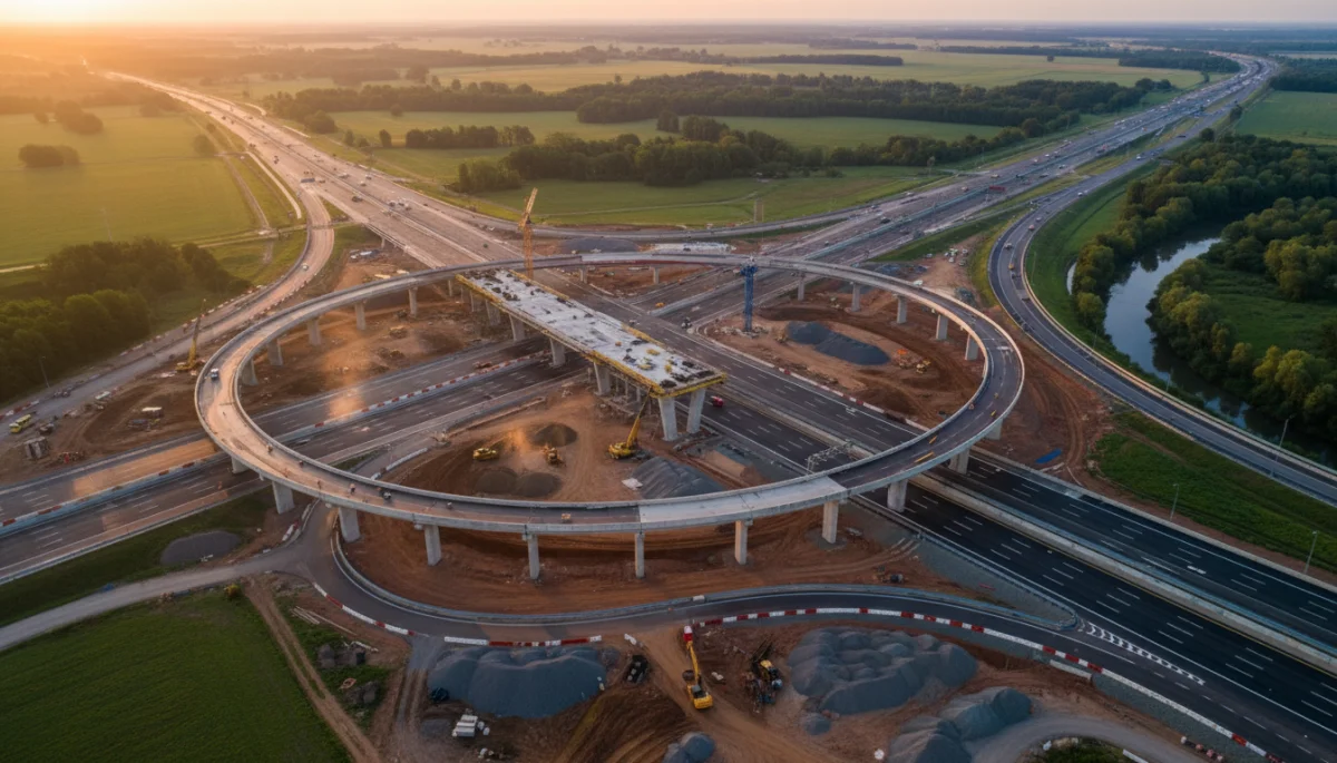 Complexo viário em construção, mostrando o avanço da infraestrutura de transporte
