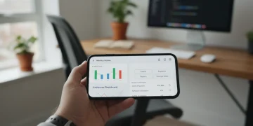 Conta Digital para Autônomos: Vantagens e Ferramentas Essenciais para 2026 Pessoa utilizando um aplicativo de conta digital em um smartphone, com gráficos e opções de transação visíveis, em um ambiente de escritório doméstico.