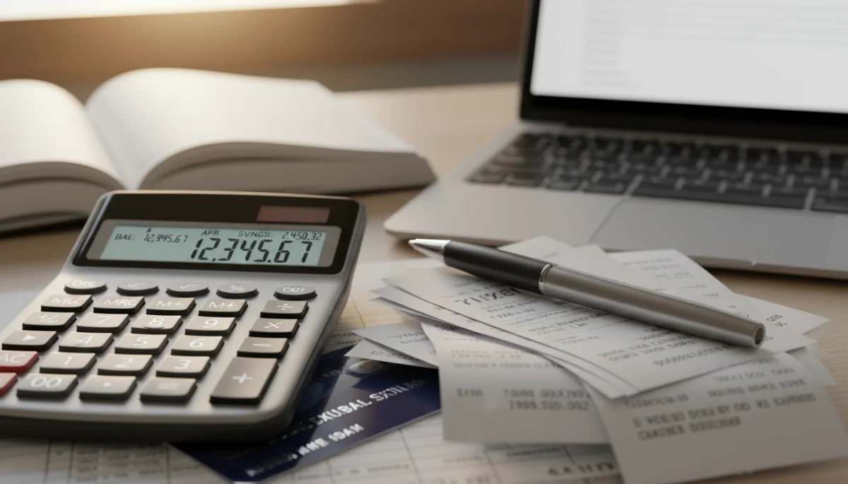 Calculadora e recibos simbolizando controle financeiro e vantagens fiscais do cartão empresarial.