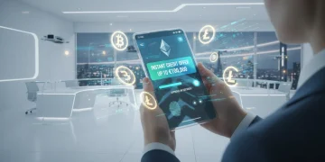 Pessoa analisando oferta de crédito pessoal em aplicativo de conta digital.