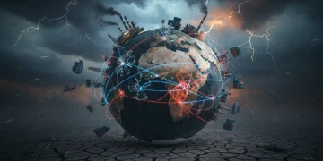 Representação visual da crise global da cadeia de suprimentos impactando a indústria brasileira com desafios e oportunidades estratégicas para 2026.