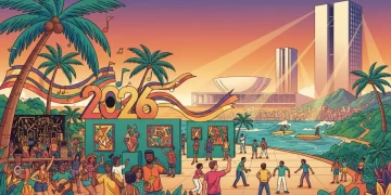Pessoas celebrando em um festival de música ao ar livre, com símbolos culturais brasileiros e um horizonte urbano ao fundo, representando a diversidade de eventos de cultura e lazer no Brasil em 2026.