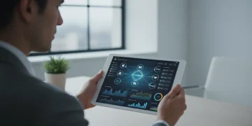 Pessoa analisando um tablet com dashboard financeiro integrado em 2026