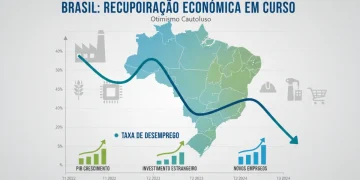 Gráfico da taxa de desemprego em declínio no Brasil sobre um mapa do país, simbolizando a recuperação econômica.