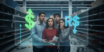 Dólar Global e Poder de Compra do Brasileiro em 2026 Família brasileira preocupada com o impacto da flutuação do dólar no poder de compra em 2026, com gráficos de moedas e prateleiras de supermercado ao fundo.