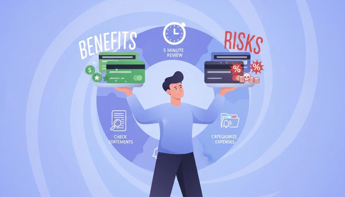 Ilustração de pessoa equilibrando benefícios e riscos de múltiplos cartões, com rotina diária de 5 minutos para gestão financeira.