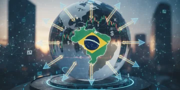 Estabilidade Geopolítica Global e a Economia Brasileira: Cenários 6 Meses Mapa-múndi com setas indicando o fluxo de influência geopolítica e econômica sobre o Brasil, com gráficos financeiros e símbolos de moedas.