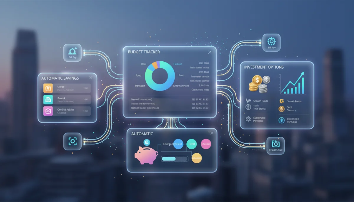 Ilustração de ferramentas digitais para controle financeiro e economia em uma conta digital.