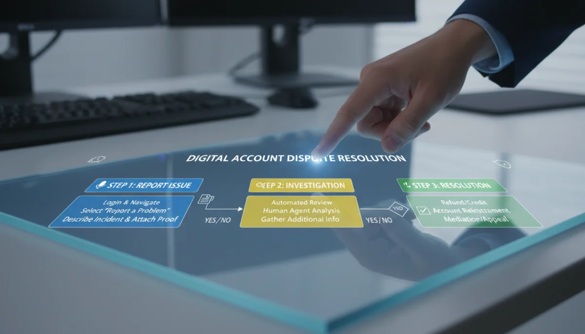 Fluxograma detalhado mostrando o processo de resolução de disputas em contas digitais, com etapas de denúncia, investigação e solução.