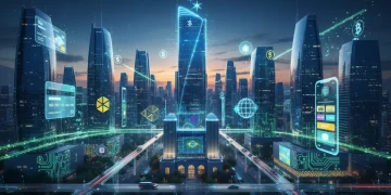 Visão futurista de contas digitais e inovações financeiras no Brasil, com smartphones e ícones de pagamento digital.