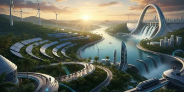 O Futuro da Energia no Brasil: Investimentos Renováveis e Projeção 2030 Paisagem energética futurista do Brasil com painéis solares, turbinas eólicas e barragens hidrelétricas integradas em um ambiente verde.