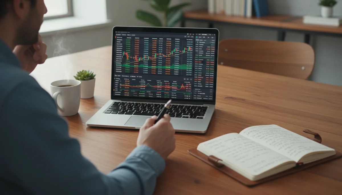 Pessoa analisando um painel financeiro em um laptop, representando a gestão estratégica de investimentos em conta digital.