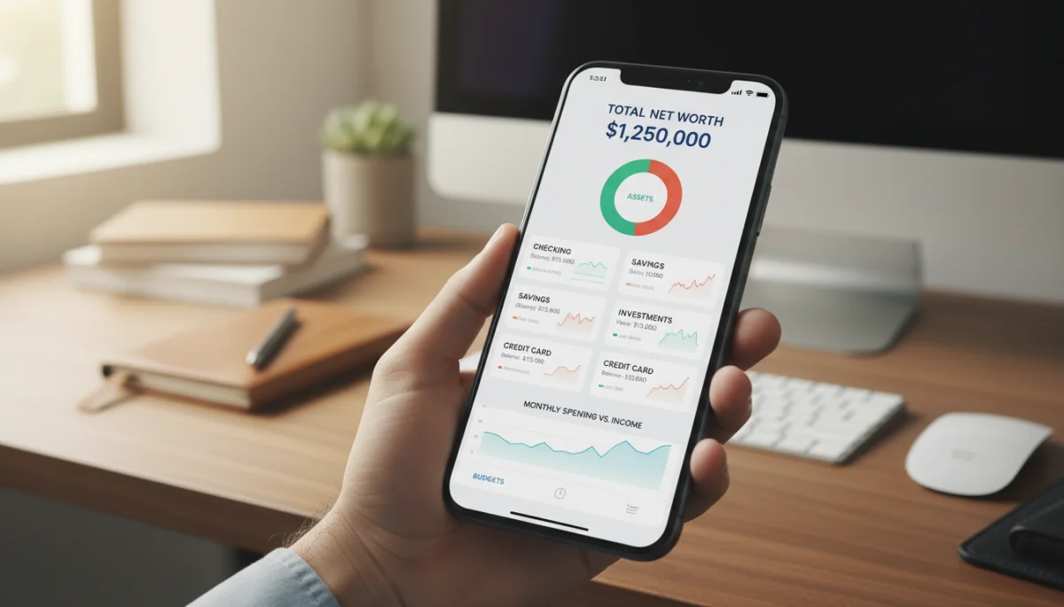 Pessoa utilizando um aplicativo de gestão financeira em smartphone, mostrando a consolidação de contas digitais via Open Finance.