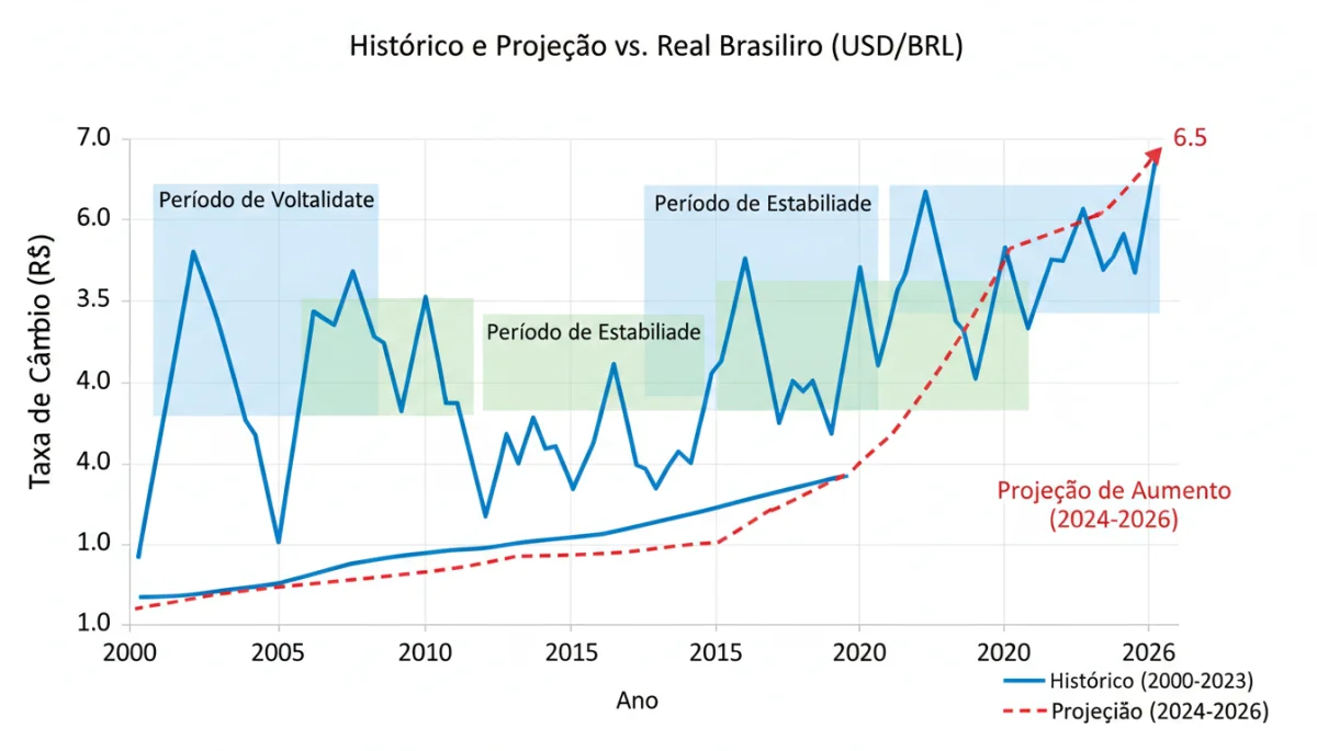 Gráfico da trajetória histórica e projeção do dólar versus real brasileiro, mostrando a volatilidade e o impacto no câmbio para 2026.