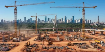 Grandes projetos de infraestrutura em construção no Brasil, simbolizando progresso e desenvolvimento