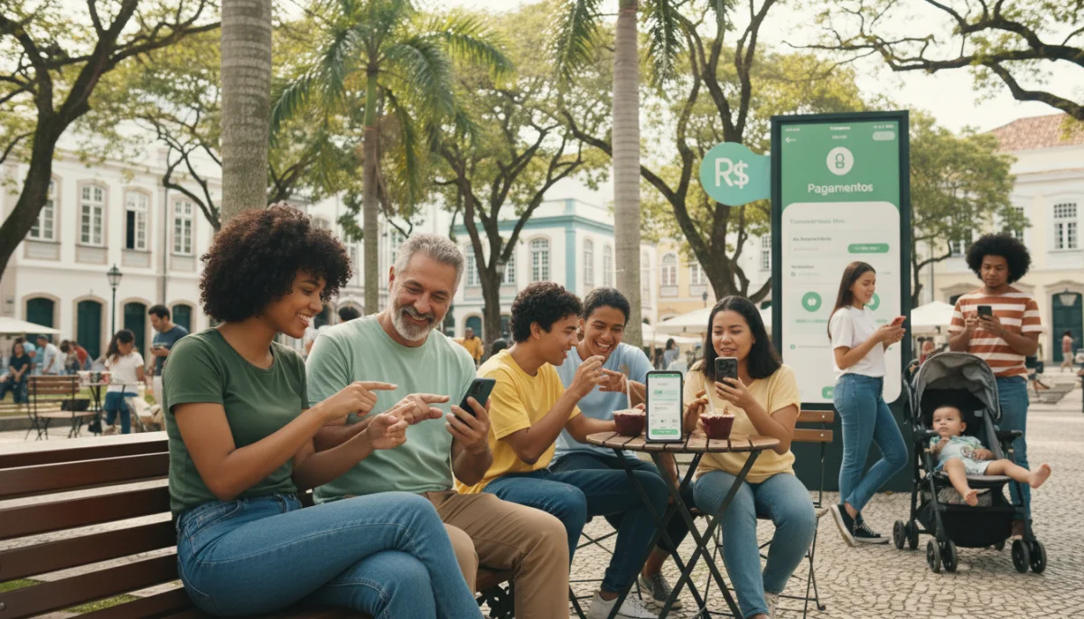 Pessoas de diferentes idades e etnias utilizando aplicativos de bancos digitais em seus smartphones, simbolizando a inclusão financeira no Brasil.
