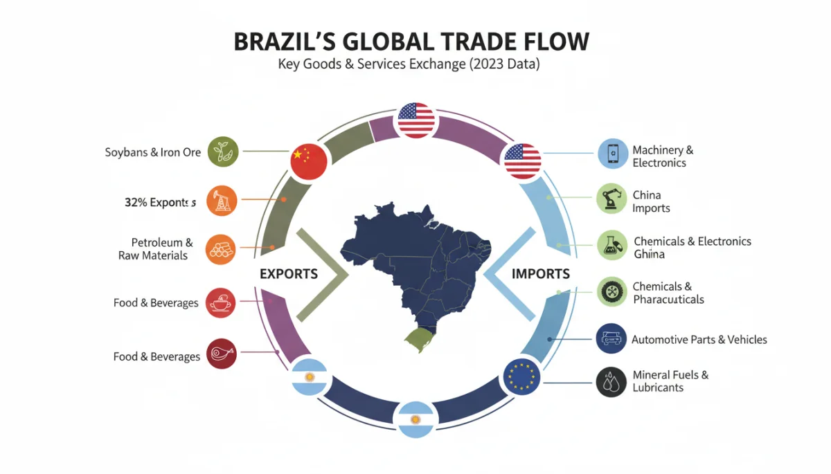 Infográfico detalhando as principais exportações e importações do Brasil e seus parceiros comerciais.