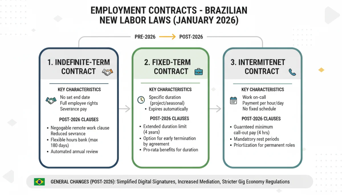 Infográfico detalhando os novos modelos de contratos de trabalho e suas cláusulas.