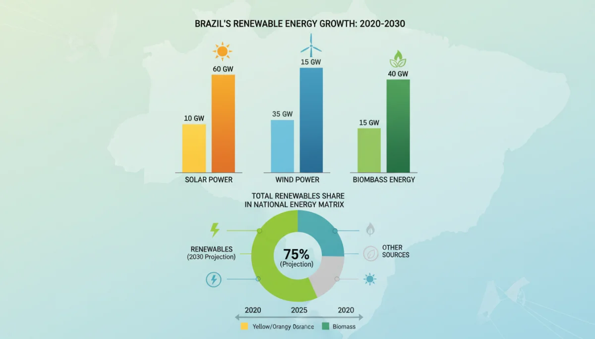 Infográfico detalhado com a projeção de crescimento de fontes de energia renovável no Brasil até 2030, incluindo solar, eólica e biomassa.