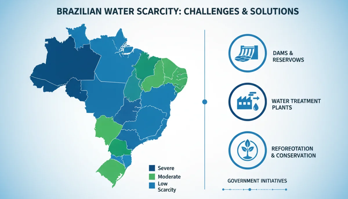 Infográfico detalhado do Brasil com regiões afetadas pela escassez hídrica e ícones de medidas governamentais para enfrentamento.