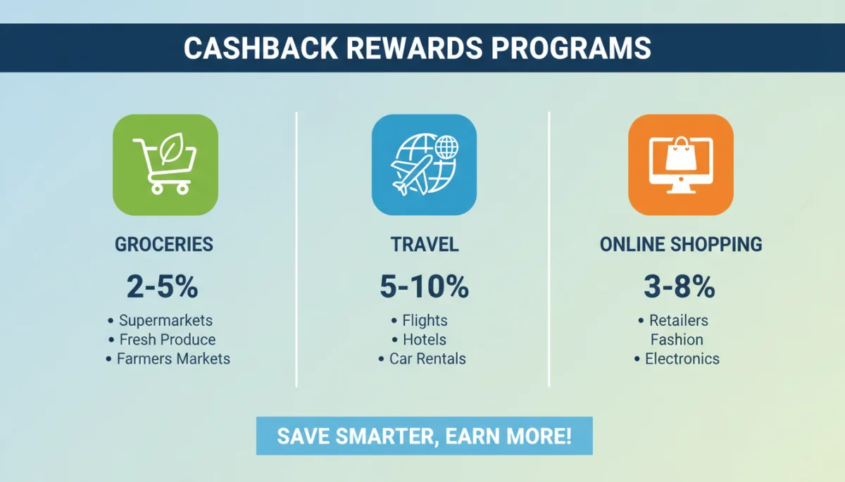 Infográfico detalhando programas de cashback e suas categorias de benefícios.