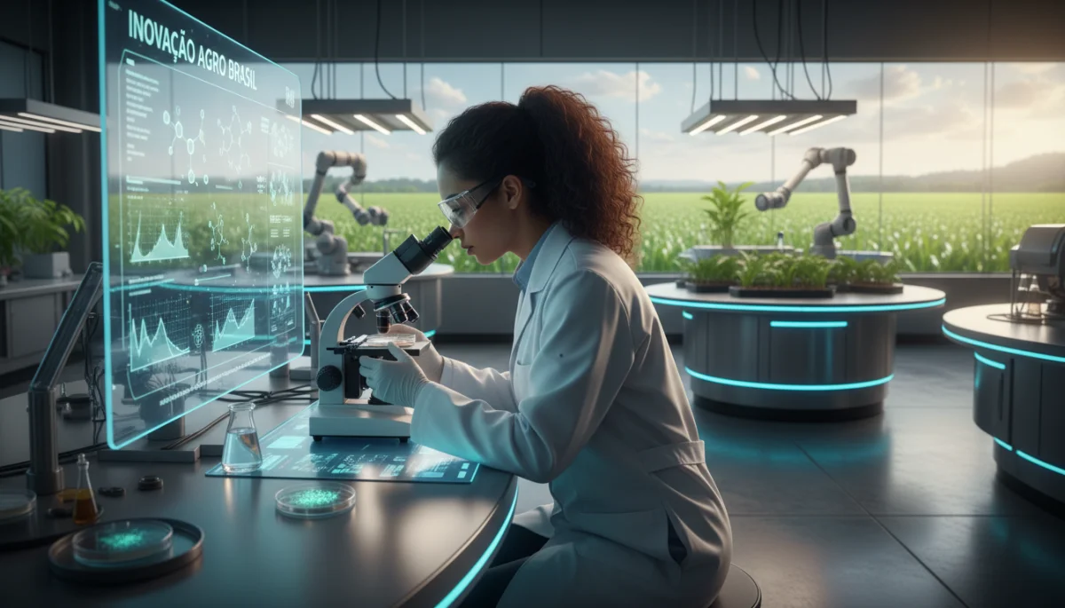 Pesquisador em laboratório moderno analisando amostras de plantas, representando inovação no agronegócio brasileiro.